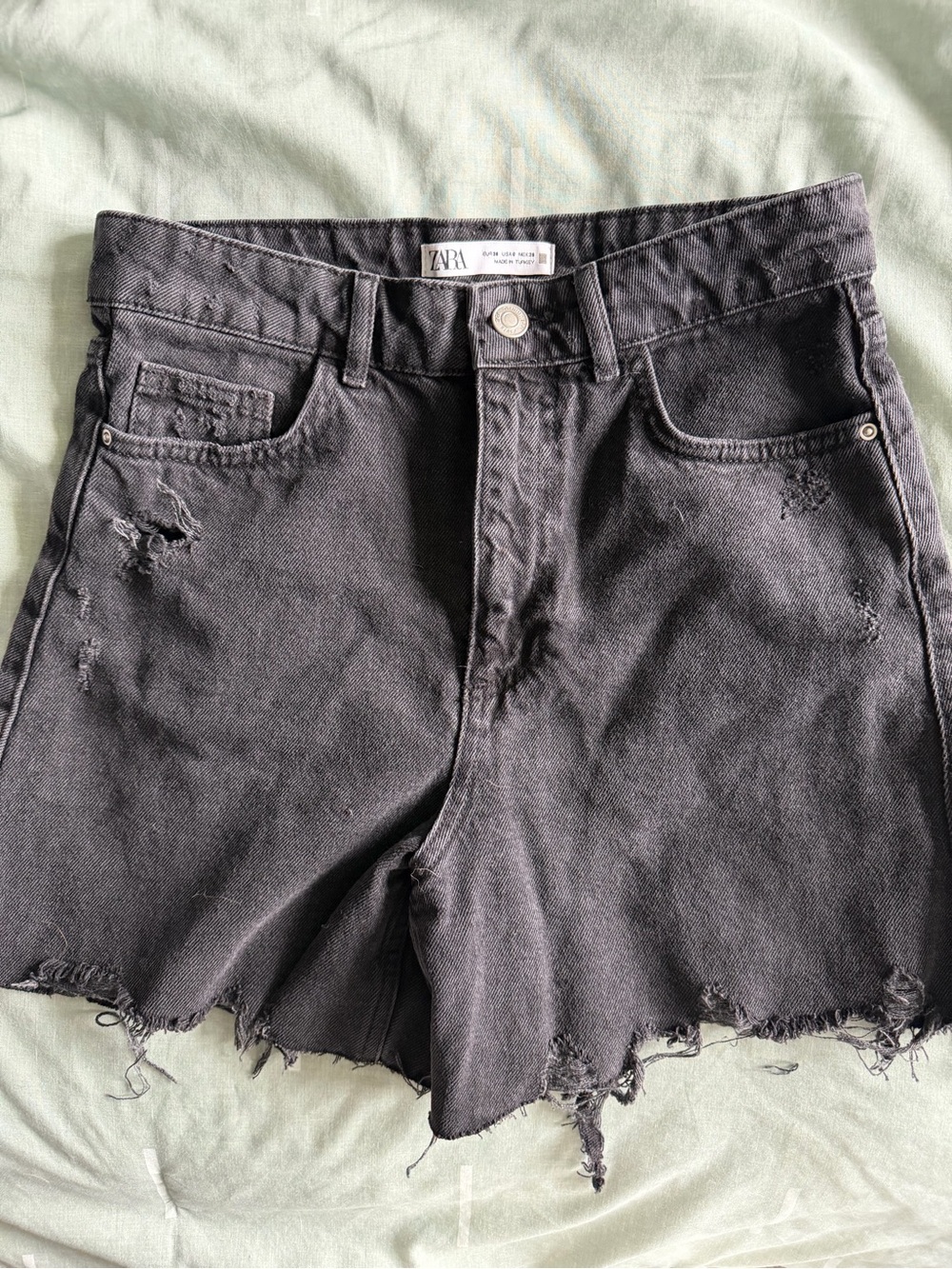 ZARA Charcoal Black Distressed Denim Mom Shorts